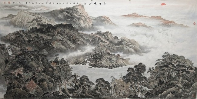 书痴者文必工,艺痴者技必良——观卜玺山壁画《穹窿胜景图》(图3) 卜玺山创作的《红日映山河》